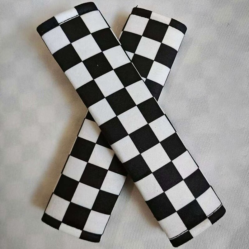 2pcs Universal Car Seatbelt Shoulder Pads Black and White Checkered Textile Safety Strap Covers for Driver and Passenger Auto Interior Accessories3