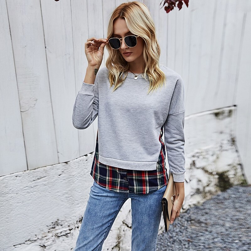 Women's Hoodies Plaid Casual Long Sleeve Crew Neck Regular Tops Casual Patchwork Light Grey Dark Gray Fall