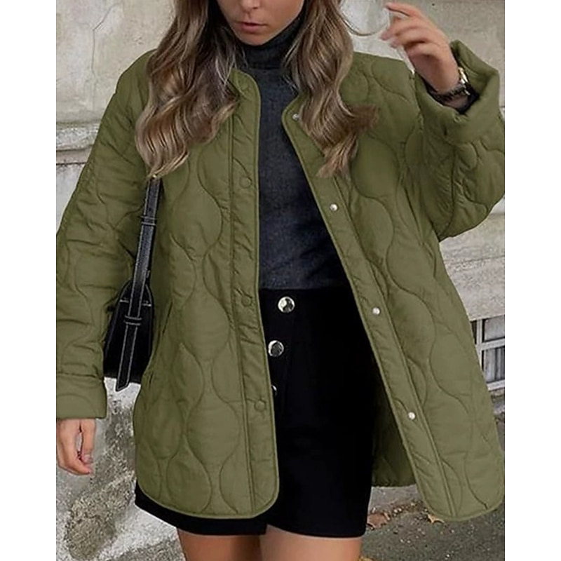 Women's Puffer Jacket Quilted Jacket Casual Jacket Comfortable Breathable Pocket Buttons Casual Plain Vacation Street Casual Daily Wear Single Breasted Short Regular Crewneck Regular Fit Long Sleeve