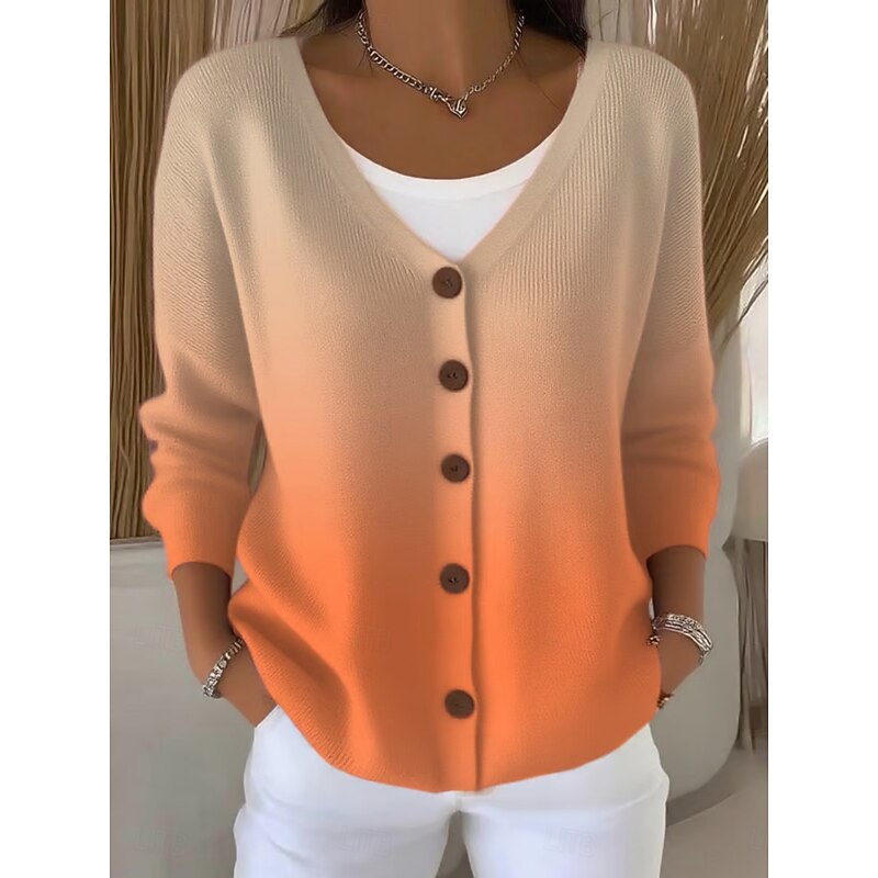 Women's Sweater Casual Soft Striped Color Gradient Ribbed V Neck Buttons Knitted Print Long Sleeve Regular Tops Knit Outdoor Daily Weekend Yellow Fuchsia Spring Fall3