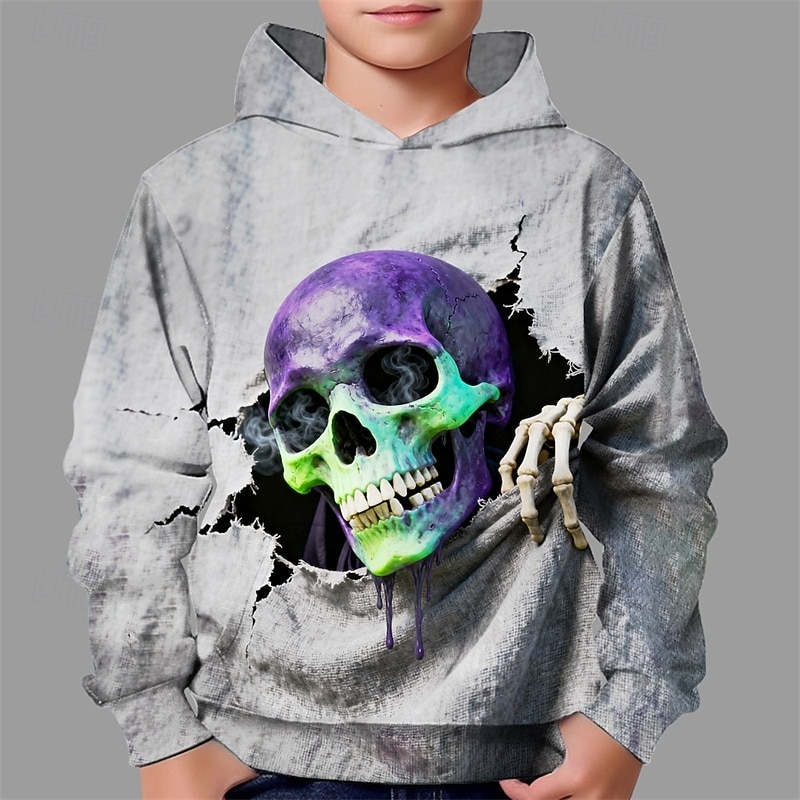 Halloween Boys' 3D Skull Hoodie Pullover Long Sleeve Spring Fall Fashion Basic Kids 4-12 Years Hooded Outdoor Casual Daily Regular Fit