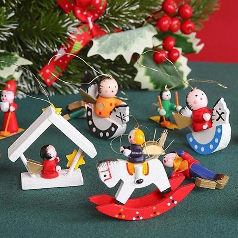 Mini Santa Claus Christmas Pendants Set 24 Days Blind Box Wooden Tree Ornaments Hand Painted Puppet Hanging Decorations Cartoon Holiday Gift Box for Festive Home Party Accessory