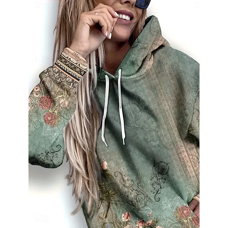Women's Pullover Hoodie Sweatshirt Floral Graphic Geometric Warm Vintage Casual Long Sleeve Hooded Regular Tops Street Dailywear Casual Patchwork Print Front Pocket Grass Green Spring Fall Winter2