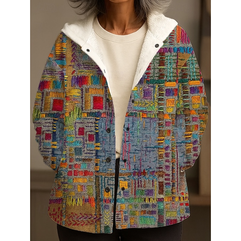 Women's Winter Coat Winter Jacket Warm Quick Dry Buttons Daily Modern Casual Comfortable Abstract Vacation Casual Athleisure Daily Regular Hooded Regular Fit Long Sleeve Outerwear Yellow Blue Purple