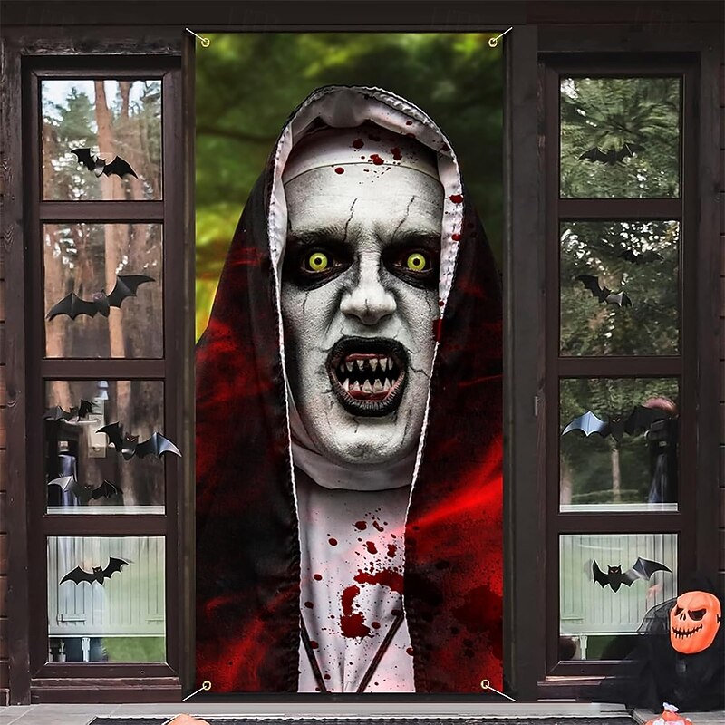 Halloween Tapestry Door Cover Outdoor Banners Nun 3D Dark Punk Gothic Style Party Dorm Teens Room College Dorm Guys Man Cave Frat Bedroom Shooting Backgrounds Home Decor3