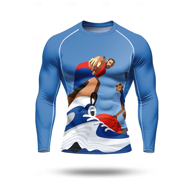 Men's Compression Shirt Running Shirt 3D Print Long Sleeve Base Layer Geometry Quick Dry Compression Power Flex Moisture Wicking Gym Workout Active Training Exercise Sportswear Activewear Blue