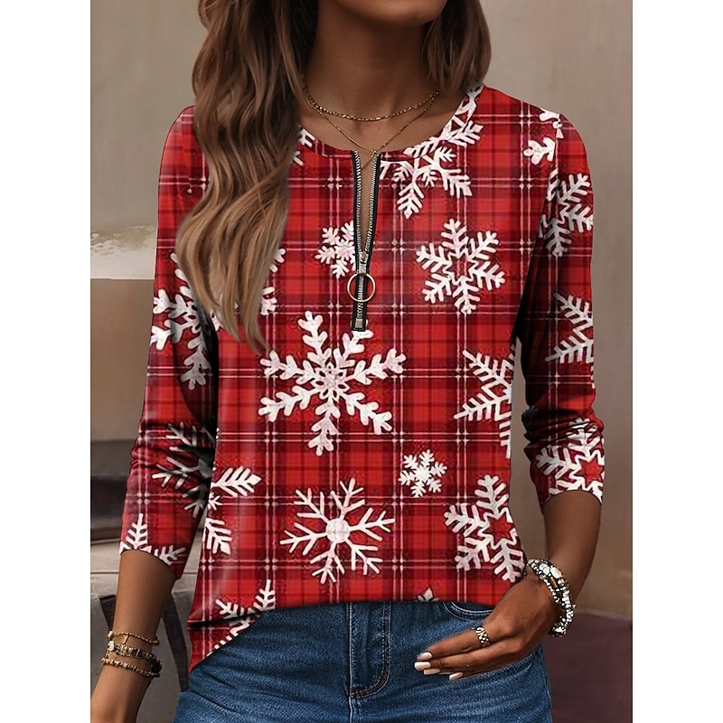 Women's T Shirt Graphic Plaid Snowflake Vintage Fashion Stylish Long Sleeve Crew Neck Regular Tops Daily Zipper Print Red Blue Purple Green Spring Fall Winter