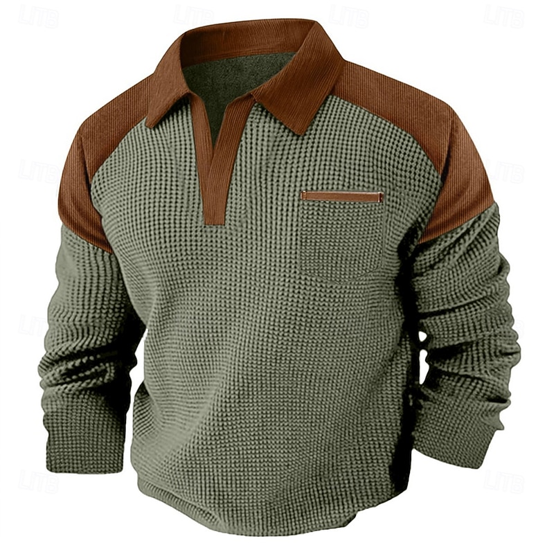Men's Waffle Tee Long Sleeve V Neck Lapel Fall Spring &  Fall Solid Color Fashion Basic Casual Color Block Street Casual Sports Black Navy Blue khaki Top Tee for Men4