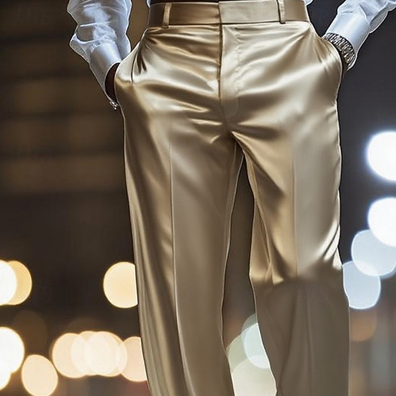 Men's Trousers Dress Pants Silk Like Satin Pants Baggy Pants Pocket Straight Leg Plain Breathable Full Length Wedding Party Business Fashion Streetwear White Gold Micro-elastic2