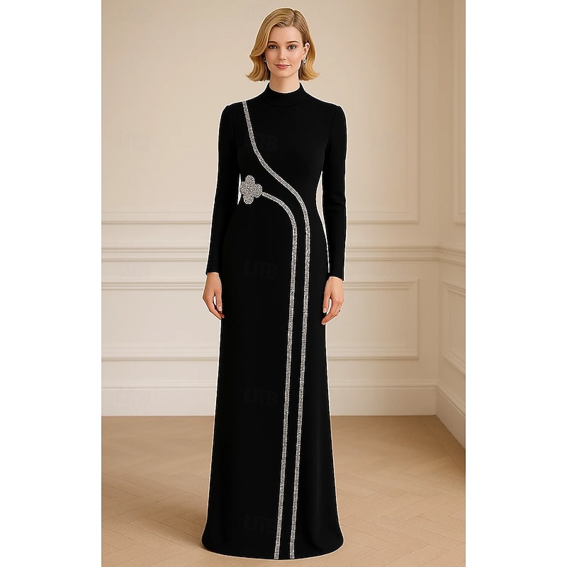 Black Tie Crystal-embellished Sheath / Column Evening Gown Elegant Formal Dress Formal Wedding Floor Length Long Sleeve High Neck with Crystals 2025