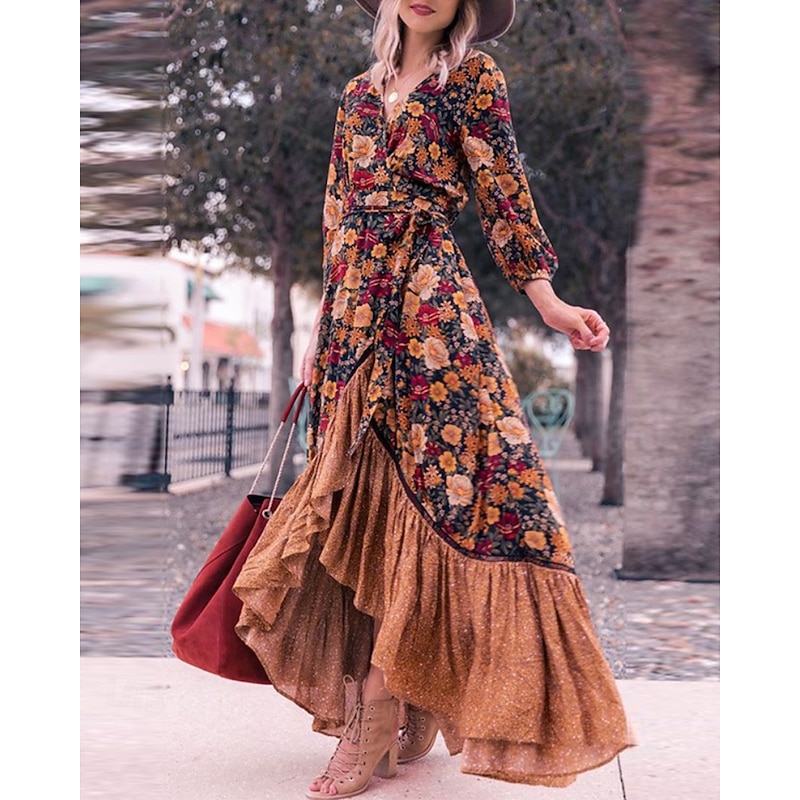 Women's Long Dress Maxi Dress Floral Dress Print Dress Fashion Modern Outdoor Party Daily Regular Fit Floral Long Sleeve V Neck Red Summer Spring Fall Autumn
