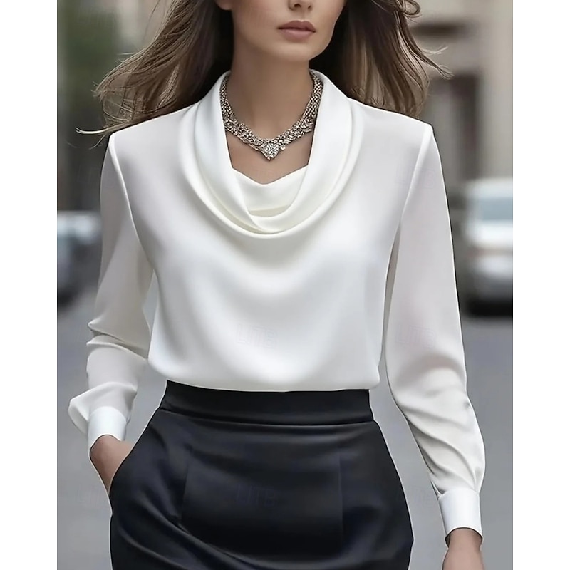 Women's Shirt Elegant Dressy Satin Solid Color Plain Elegant Stylish Long Sleeve Asymmetrical Regular Tops Holiday Going out Ruched Black White Apricot Spring Fall