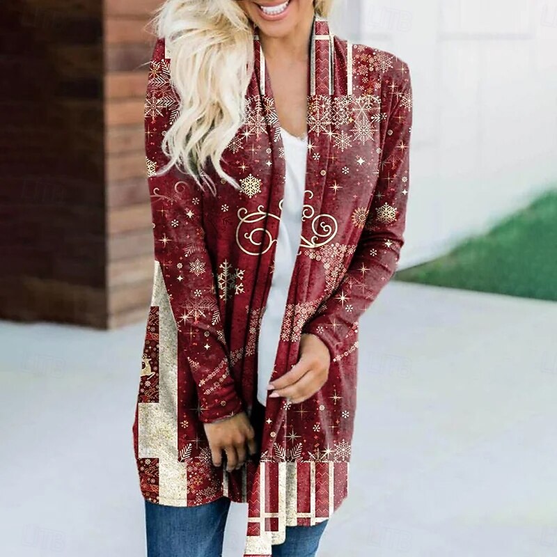 Christmas Women's Winter Coat Cloak / Capes Quick Dry Lightweight Knit Active Exaggerated Casual Elk Casual Long Collarless Loose Fit Long Sleeve Outerwear Red Fall Winter2