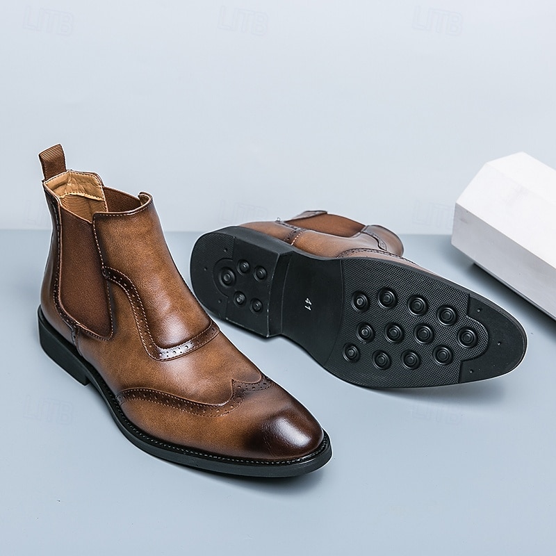 Men's Brown Faux Leather Chelsea Boots – Classic Slip-On Ankle Dress Shoes with Brogue Detailing for Business, Office and Formal Occasions4