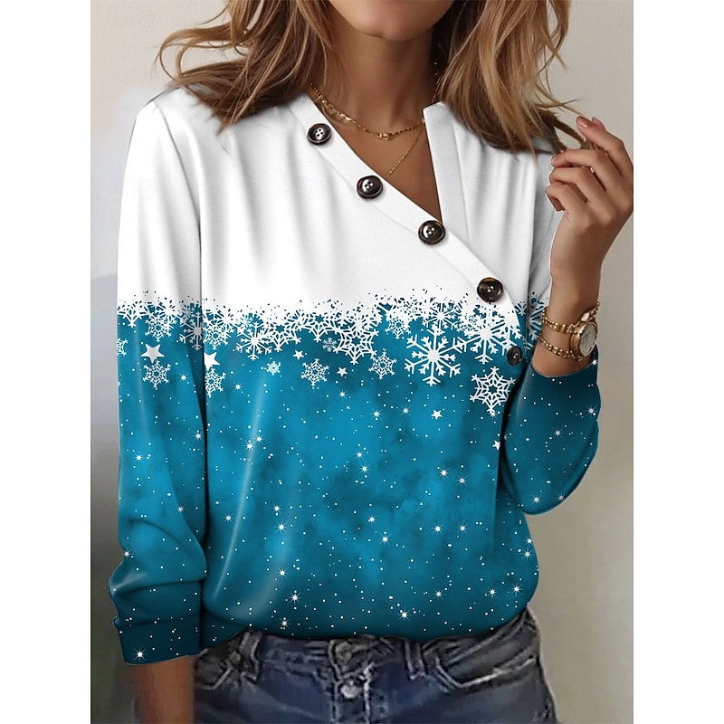 Christmas Women's T Shirt Graphic Snowflake Casual Short Sleeve V Neck Regular Tops Daily Buttons Print Red Blue Purple Green Summer2