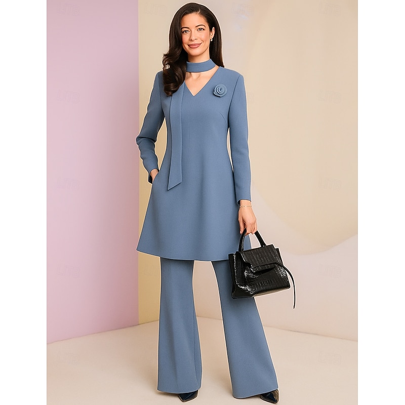 Two Piece Pantsuit Mother of the Bride Dress Elegant Simple V Neck Floor Length Long Sleeve with Flower Solid Color