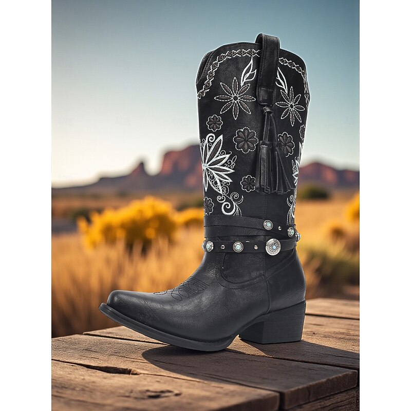 Women's Black Cowboy Boots with Floral Embroidery and Tassel Details -Bohemian Western Style with Studded Strap, Perfect for Casual Wear and Festivals2