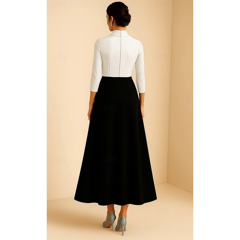 Black and White A-Line Evening Gown Elegant Formal Dress Formal Wedding Tea Length 3/4 Length Sleeve High Neck Stretch Crepe with Ruffles 20252