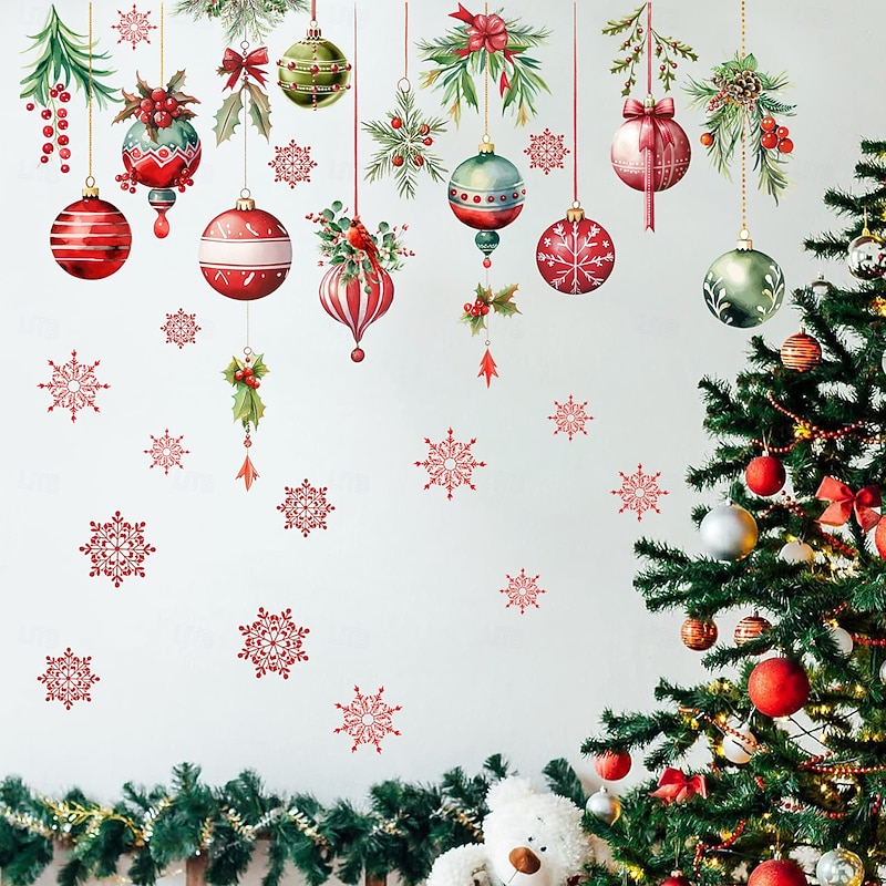 Christmas Sticker Wall Decals Snowflake Colorful Ball Pinecone Hanging Ornament Removable Vinyl Mural Holiday Party Living Room Glass Window Door Background Decoration For Home