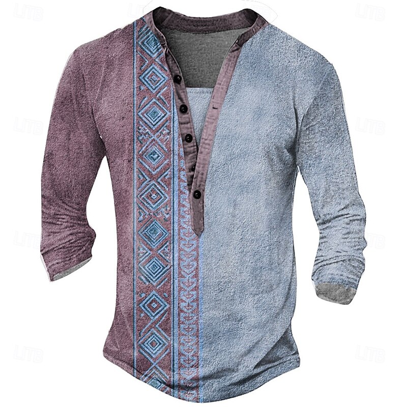 Men's Geometric Ethnic T Shirt Henley Shirt Long Sleeve Designer Retro Vintage Ethnic Street Casual Daily Summer Spring Fall Green Purple Blue Khaki Henley Henley T-Shirt2