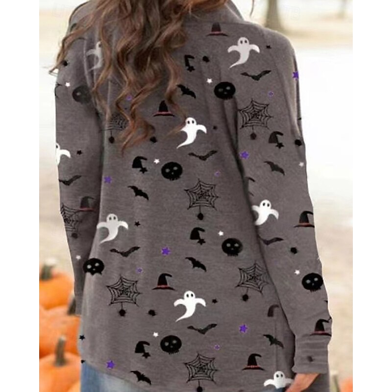 Women's Winter Coat Warm Comfortable Print Casual Halloween Skull Halloween Going out Weekend Cardigan Regular V Neck Regular Fit Long Sleeve Outerwear Orange Light Grey Dark Gray Fall Winter2