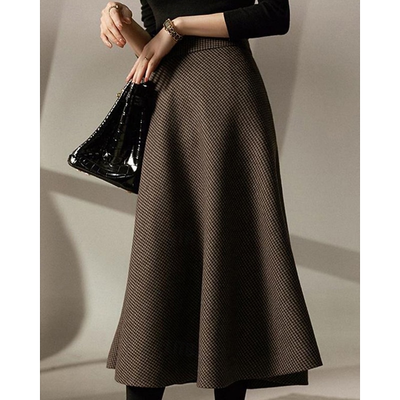 Women's Skirt A Line Fashion Casual Midi High Waist Skirts Houndstooth Ruched Inelastic Micro-elastic Street Daily Coffee Fall Polyester3