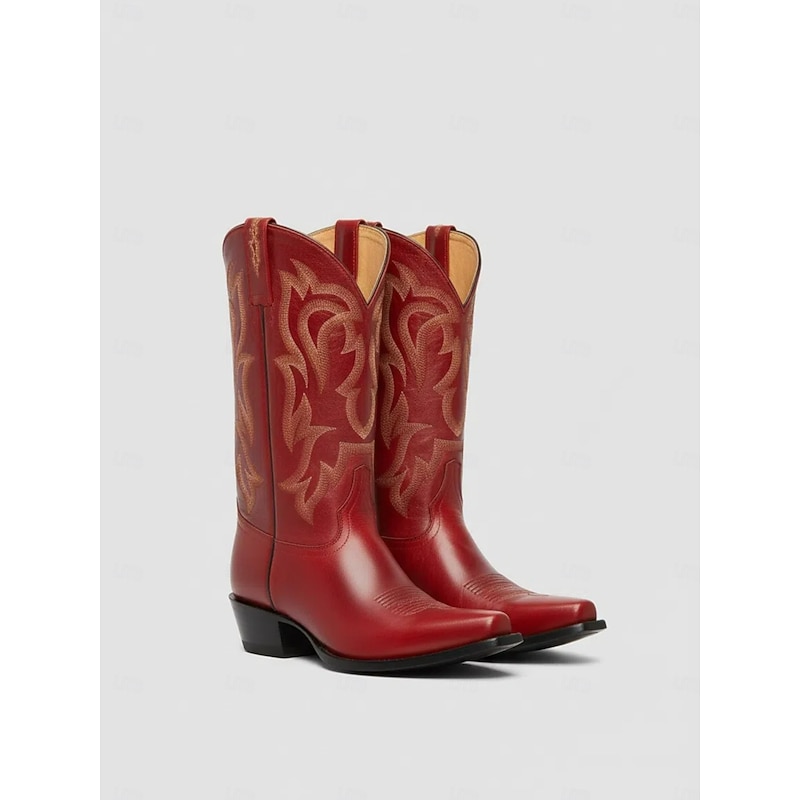 Women's Red Leather Cowboy Boots with Embroidered Western Pattern - Stylish Urban Fashion Footwear for Trendy Outfits2