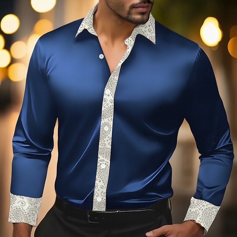 Men's Paisley Floral Print Ethnic Shirt Satin Shirt Dress Shirt Long Sleeve Vintage Retro Vacation Dailywear Summer Spring Fall Turndown 3D Print Button Up Shirts Gold Dark Blue Gray2