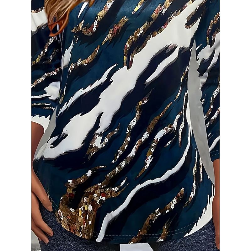 Women's T Shirt Graphic Striped Abstract Vintage Stylish Classic Long Sleeve Crew Neck Round Neck Regular Tops Daily Print Navy Blue Spring Fall Winter3