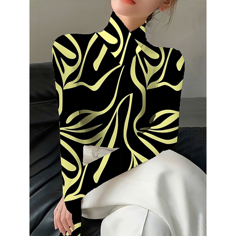 Women's T Shirt Graphic Geometry Elegant Vintage Stylish Long Sleeve Turtleneck High Neck Regular Tops Going out White Yellow Red Blue Fall Winter