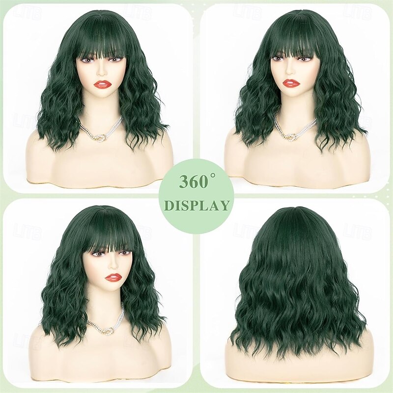 Dark Green Wig with Bangs 14 Inch Bob Wig with Bangs Shoulder Length Green Short Wig for Daily Party Use3