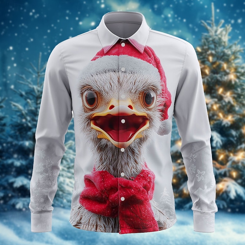 Christmas Men's Animal Alpaca Ostriches Shirt Button Up Shirt Long Sleeve Funny Outdoor Holiday Spring Fall Turndown 3D Print Collared Shirts Red 1 White Red Blue
