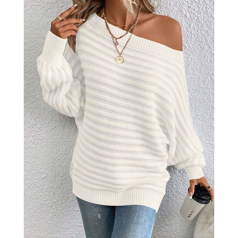 Women's Sweater Pullover Streetwear Casual Solid Color Off Shoulder Knitted Long Sleeve Regular Tops Knit Holiday Going out Weekend White Pink Fall Winter2