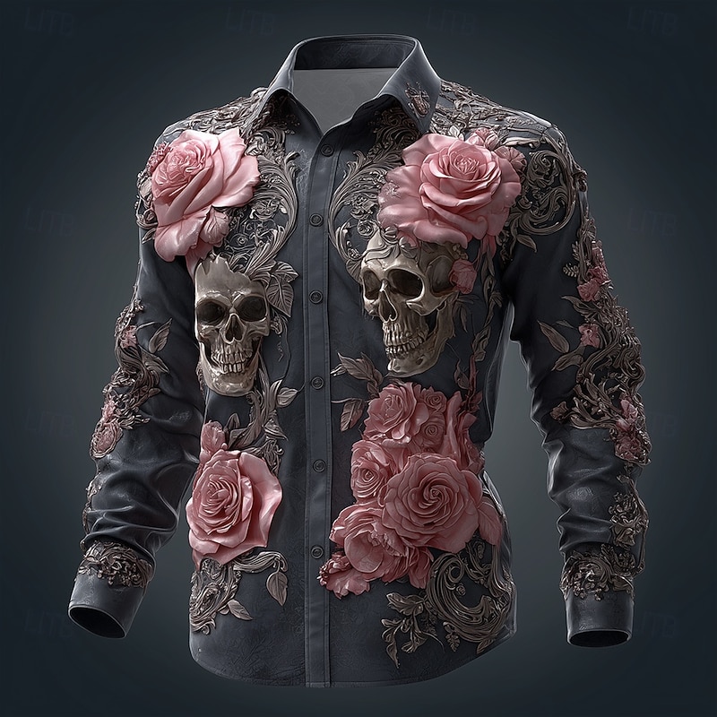 Men's Floral Print Day of the Dead Skulls Shirt Button Up Shirt Long Sleeve Dark Punk Gothic Style Outdoor Holiday Spring Fall Turndown 3D Print Linen Like Shirt Black 1 Black Black 22