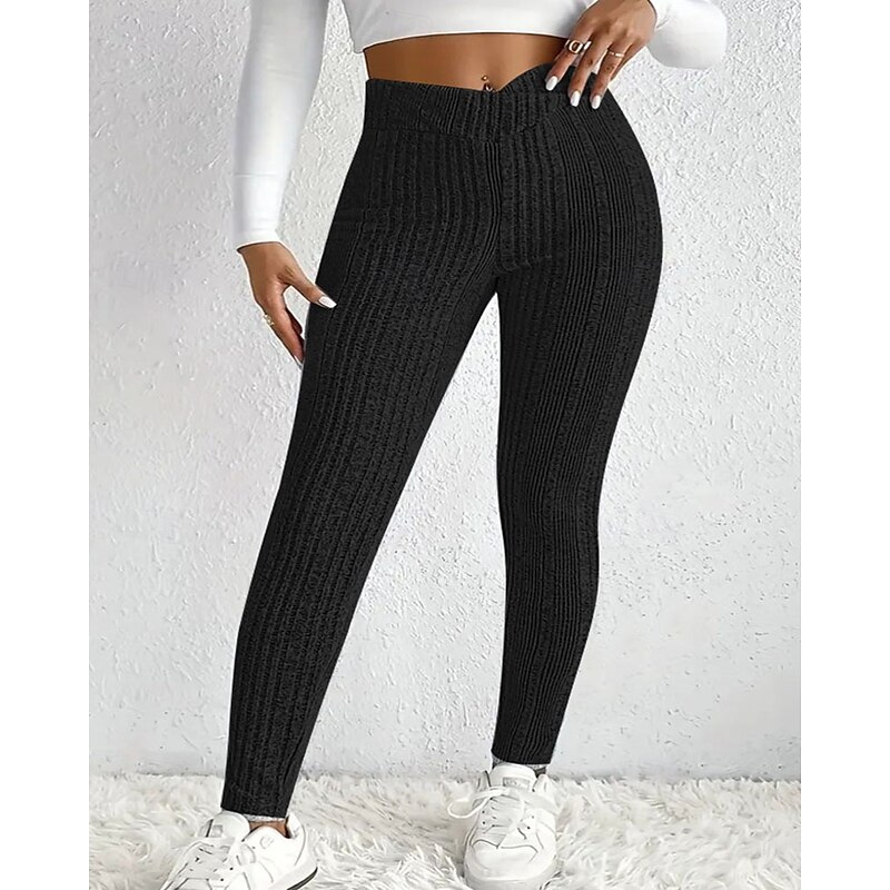 Women's Skinny Tights Leggings Vacation Vintage Streetwear Full Length High Waist Plain Striped Elastic Waist Comfortable Micro-elastic Stretchy Outdoor Vacation Daily Light Gray Black Fall Winter4