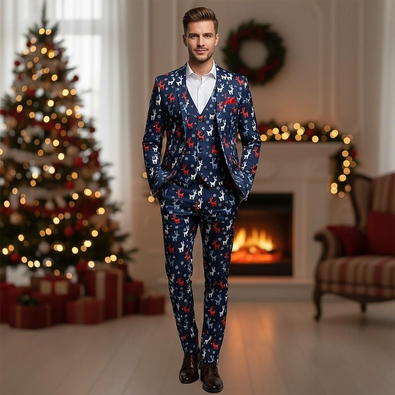 Reindeer Christmas Party Suit Three Piece Suit Blazer Men's Funny Christmas Lights Pattern Fancy Dress Adults Christmas New Year Party Trousers waistcoat Suit