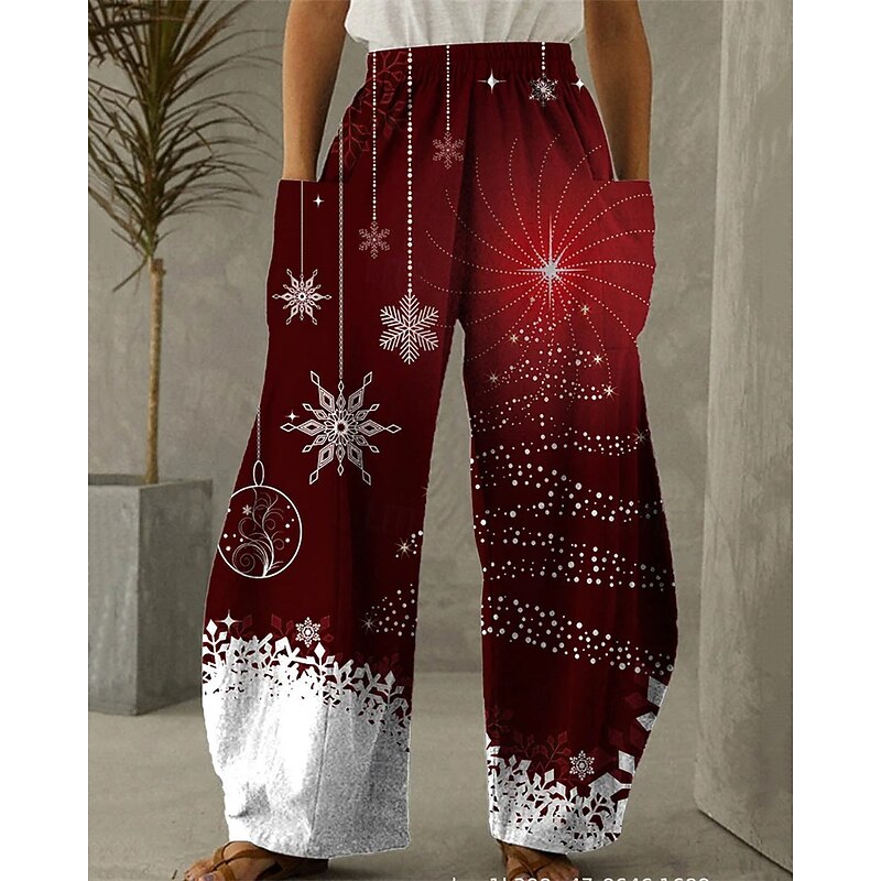 Women's Wide Leg Pants Trousers Vacation Ethnic Style Basic Full Length High WaistPantsUgly Christmas Graphic Snowflake Pocket Elastic Waistband Print Comfy Breathability Inelastic Vacation Casual