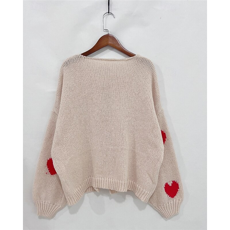 Women's Sweater Cardigan Streetwear Casual Heart Fruit Crew Neck Knitted Print Long Sleeve Regular Tops Knit Daily Holiday Going out Pink Dusty Rose Fall Winter4