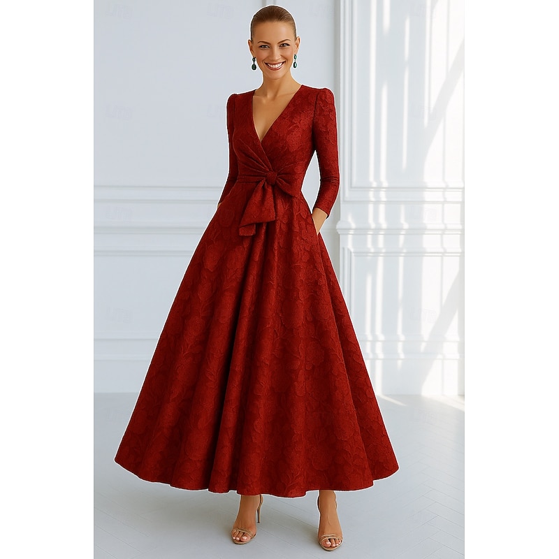 Red Blue A-Line Mother of the Bride Evening Gown Elegant Formal Dress Formal Wedding Floor Length Half Sleeve V Neck Pocket Lace with Bow(s) Strappy