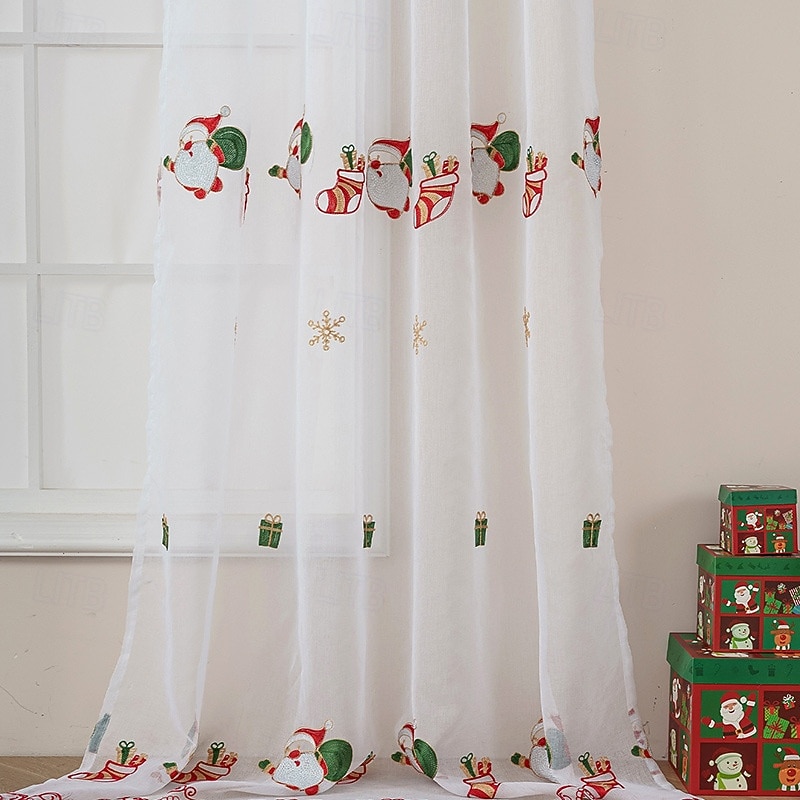 Christmas Sheer Curtains, American Style Holiday Embroidered Window Drapes, Bell and Snowflake Design, Ready-Made Home Decoration2