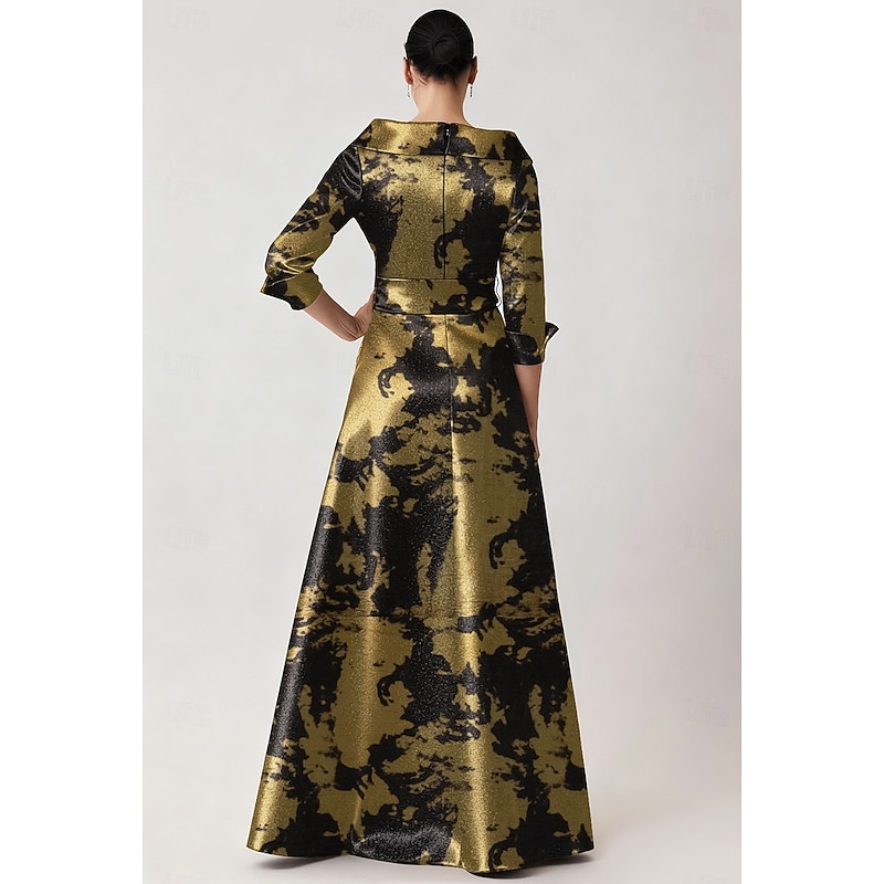 Black Gold A-Line Evening Gown Elegant Formal Dress Formal Wedding Floor Length 3/4 Length Sleeve Lapel Pocket Nylon with Bow(s) 20252