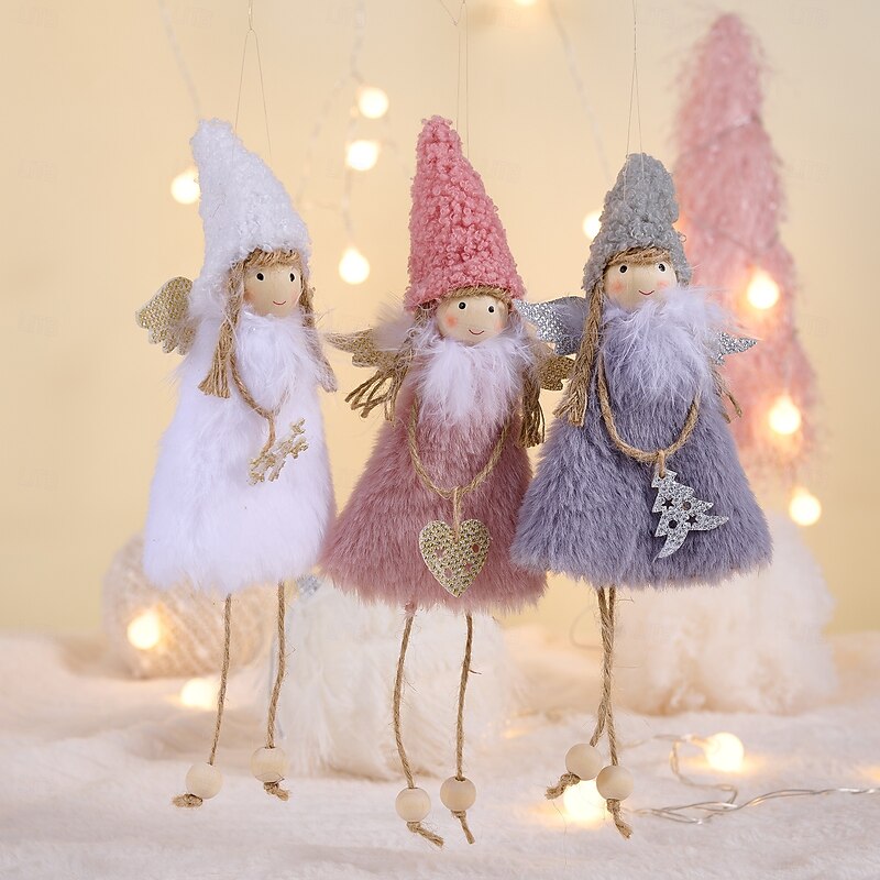3pcs Christmas Angel Ornaments, Creative Pink Angel Plush Hanging Decorations, Fuzzy Lamb Girl Figurines, Small Tree Ornaments, Holiday DIY Decor3