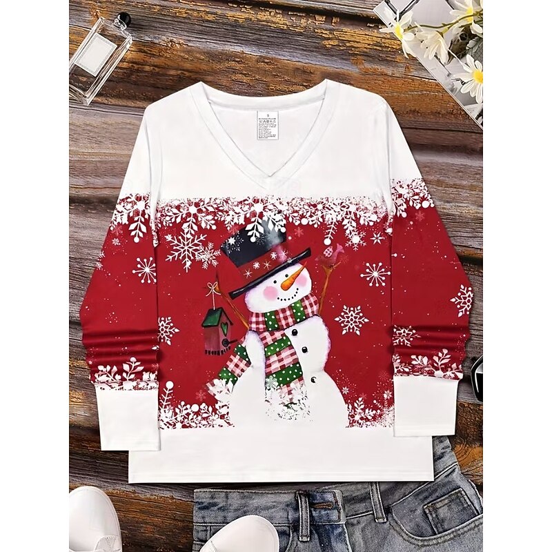 Christmas Women's T Shirt Graphic Christmas Vintage Stylish Classic Long Sleeve V Neck Regular Tops Daily Print Black Wine Red Blue Green Spring Fall Winter4