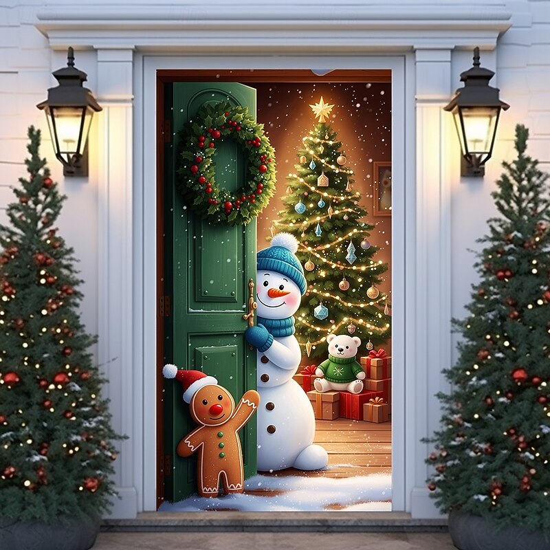Christmas Door Cover Winter Holiday Decoration Drapes with Snowman Opening Door and Christmas Tree Print for Home Entryway Living Room Bedroom Indoor Outdoor Festive Seasonal Home Decor3