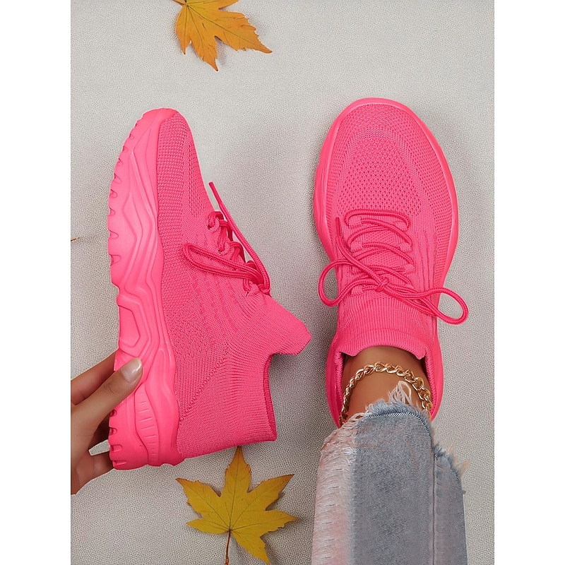 Women's Red Flyknit Chunky Sole Sneakers – Breathable Lace-Up Sports Shoes for Casual Streetwear and Gym Training