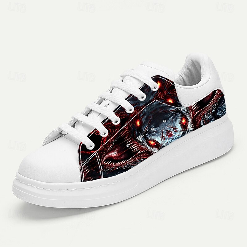 Men's White Monster Graphic Sneakers Casual Lace-Up Horror Print Shoes for Halloween Parties, Cosplay, Streetwear Style and Everyday Outings3