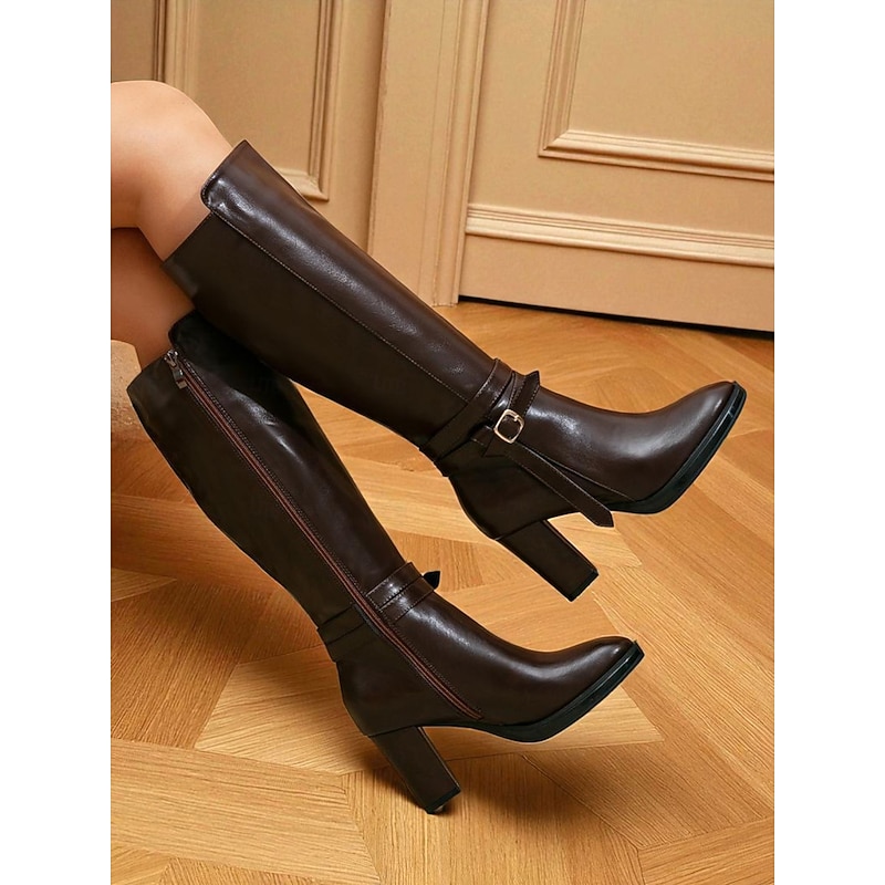 Women's Brown Knee-High Leather Fashion Boots – Elegant Block Heel Riding Style Long Boots with Buckle Strap for Autumn Winter Office and Casual Wear4