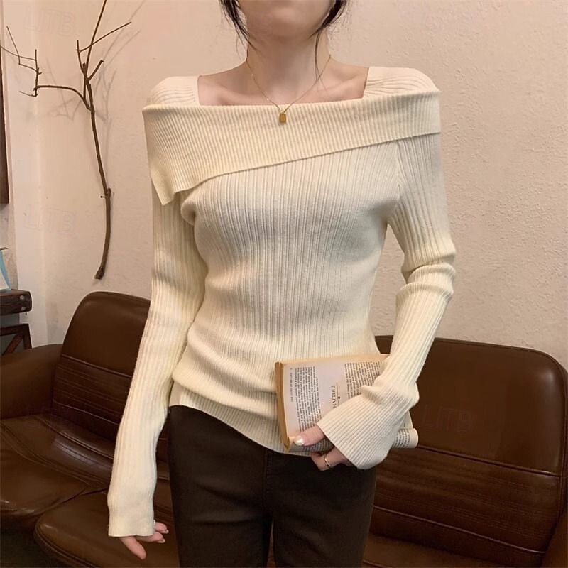 Women's Sweater Pullover Streetwear Casual Solid Color Off Shoulder Knitted Long Sleeve Regular Tops Knit Outdoor Holiday Going out Black White Fall Winter3