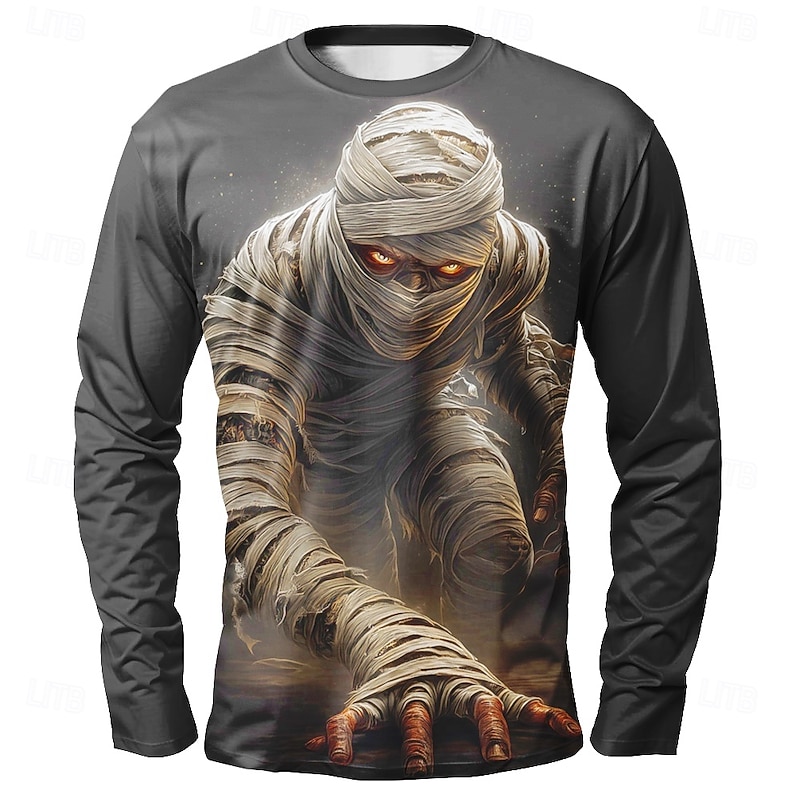 Halloween Men's Optical Illusion 3D Mummy T Shirt Long Sleeve T shirt 3D Print Crew Neck Shirt Fashion Exaggerated Street Casual Daily Black Brown Dark Gray Summer Spring Fall Clothing Apparel S M L