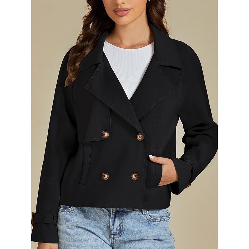 Women's Casual Jacket Comfortable Breathable Pocket Buttons Casual Plain Vacation Street Casual Daily Wear Single Breasted Short Turndown Regular Fit Long Sleeve Outerwear Black Spring Fall4